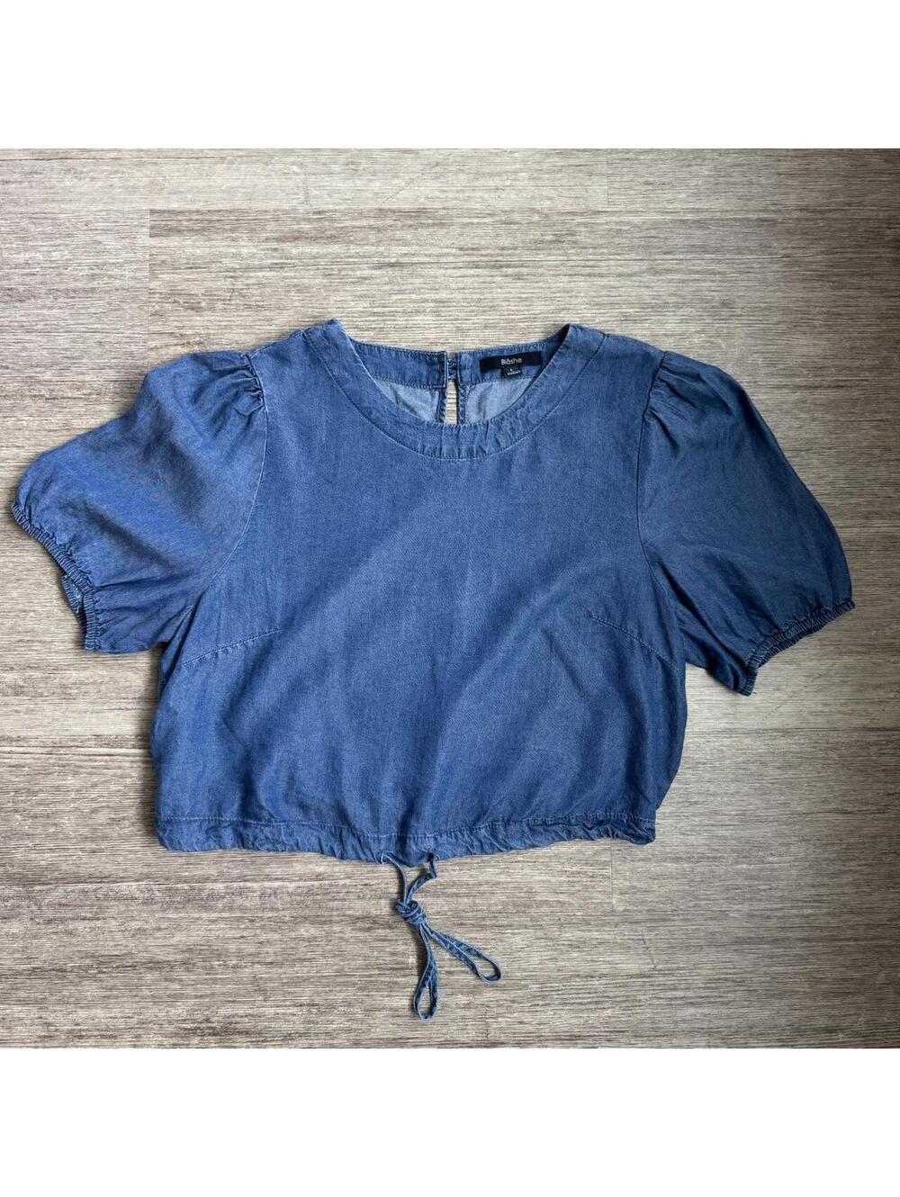 Blāshe Blue Denim Crop Top with Drawstring Waist and Puff Sleeves, Size L